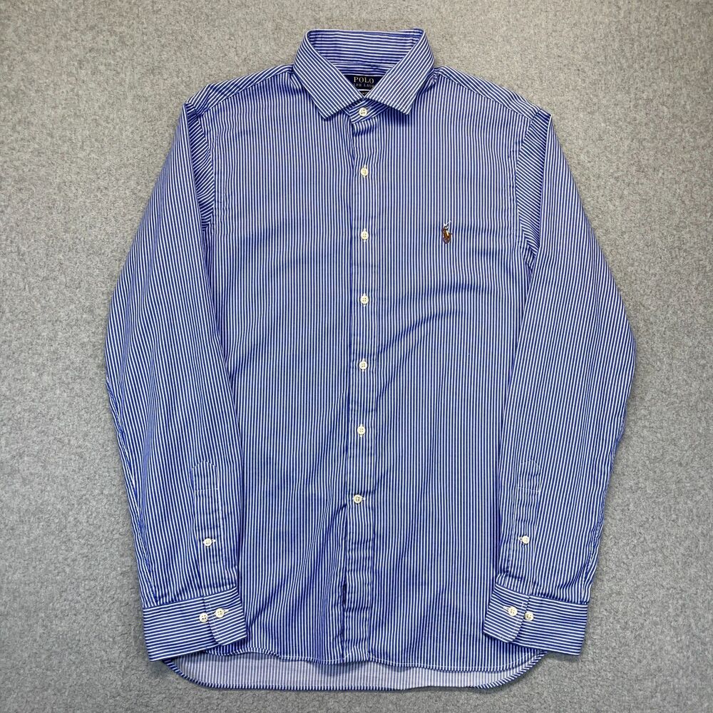 Polo Ralph Lauren Button-Up Shirt Men's 16.5 Slim Fit Blue White Pinstripe Flesh